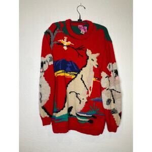 Vintage Australian Animals Wool Sweater Sz Lg Koala Kangaroo Red Warm Women’s